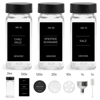 24x Gewürzgläser Schwarze Deckel inkl. 240x Etiketten, 30x Streueinsätze, 1x Edelstahl Trichter, 1x Reinigungsbürstchen Vorratsgläser eckig - Schwarz