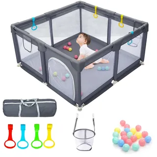 CHOLY Baby Playpen for Babies and Toddlers, Durable Play Pen with Visible Breathable Mesh, Foam Protection, Easy to Assemble Infant Fence -128 ×128cm(Dunkelgrau, 128 * 128cm)