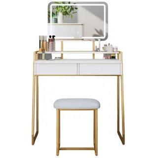 Mondeer Schminktisch mit LED Beleuchtung+spiegel+hocker, Frisiertisch Verstellbare Helligkeit, 2 Schubladen & Ablagen, Metallgestell, Weiß/gold, Mondeer