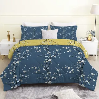 Linfye Bettdecke 200x200cm, Blaue Pflaumenblüte 4 Jahreszeiten Bettdecke 200x200, Gelbe Pflanzen Steppdecke Ganzjahresdecke Bettdecken, Waschbar Gesteppte Duvet Schlafdecke mit 2 Kissenbezug 80x80cm