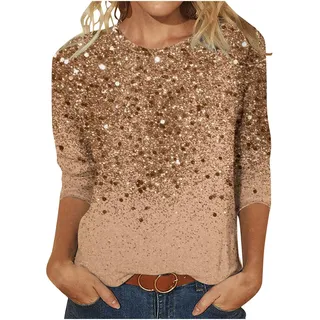 Ybing Discounter 3/4 Ärmel Pullover Damen Glitzer Druck Langarmshirt Casual Rundhals Bluse Leichte Langarm Tshirt Locker Pulli Dünne Longsleeve Oberteile Teenager Mädchen Basic - M