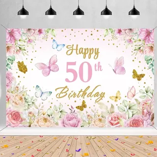 50. Geburtstag Deko Frau, Happy 50th Birthday Banner Blumen Stoff Schild Plakat Türdekoration, Frauen 50. Geburtstag Hintergrund Banner, Geburtstagsfeier Willkommensschild