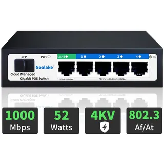 6-Port Gigabit PoE+ Switch (4X PoE @ 52W) | Cloud Managed Ethernet Switch | AI Extend Modus bis 250m | 802.3af/at, Überspannungsschutz | Netzwerk-Switch für Überwachung & Business | Plug & Play