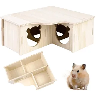 Hamster Haus aus Holz 22.5x18x8cm, Hamster Mehrkammernhaus, Hamster Versteck Hamster Haus Holz, Hamster Eckhaus Hamster Holzhaus Käfig für Zwerghamster, Rennmaus, Chinchilla und Kleine Haustiere