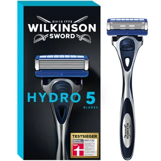 Wilkinson Sword - Hydro 5 Rasierer für Männer, TESTSIEGER VON WILKINSON SWORD BEI STIFTUNG WARENTEST, Rasiergriff + 1 Rasierklinge, Feuchtigkeitsspendende Gel-Pools und umklappbarer Trimmer