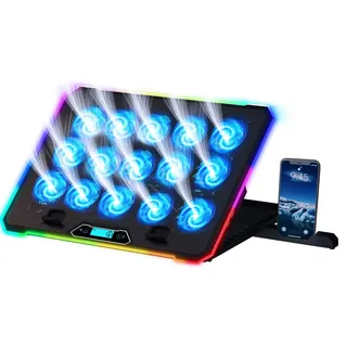 KLIM V15 Gaming Laptop Cooling Pad mit 15 Lüftern + Gaming Laptop Kühler + Stabiler RGB Ständer mit Lüfter + Kompatibel bis zu 17" + 2 USB Ports + Handyhalterung + 5 Jahre Schutz