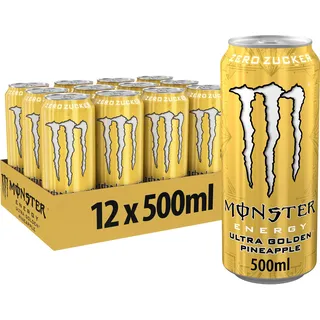 Monster Energy® Ultra Golden Pineapple - koffeinhaltiger Energy-Drink mit fruchtig-leichtem Ananas-Geschmack - full Flavour, zero Zucker, zero Kalorien - in praktischen Einweg Dosen (12 x 500 ml)