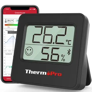 ThermoPro TP357B Bluetooth Hygrometer Thermometer für Innenräume mit APP Mini Luftfeuchtigkeitsmesser mit Smiley-Indikator Datengrafik für Büro, Weinkeller, Gewächshaus Schwarz