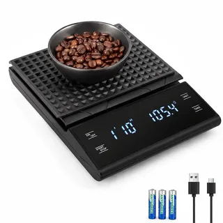 Digital Kaffeewaage Mit Timer, Feinwaage Kaffee Waage 5 kg/0.1 g | Wiederaufladbar Kaffeewaage mit Großem Display für Espresso und Pour-Over, 3 AAA-Batterien, Schwarz