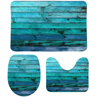 My Daily 3-teiliges Badezimmerteppich-Set Ozean Aqua Blau Blaugrün Altes Holz Hintergrund Türkis rutschfeste Konturmatte + WC-Deckelbezug + Badematte
