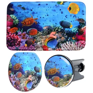 Badaccessoire-Set SANILO "Ocean", bunt (blau, bunt), Holz, Polyester, Kunststoff, Badaccessoires-Sets, bestehend aus WC-Sitz, Badteppich und Waschbeckenstöpsel