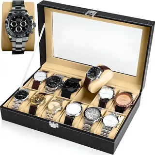 Uhrenbox Uhrenkoffer mit Glasfenster bis 12 Uhren und Uhrenkasten Abnehmbaren Uhren Kasten Uhrenkissen Organizer Uhrenschatulle Kunstleder Schwarz ... - Schwarz