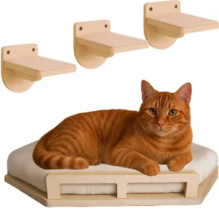 4-teiliges Set Wand-Katzenkletterwand aus Naturholz, Stabile Katzentreppe & Kletterrampe für Katzen, Katzenmöbel mit bis zu 35 kg Tragkraft