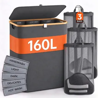 160L Wäschekorb mit Deckel, 3 Fächer, Faltbarer Wäschesammler | Wäschesortierer mit herausnehmbaren Netzsäcken und Bambusrahmen, Großer Wäschesammler für Schlafzimmer Waschküche, Grau