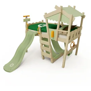 Wickey Kinderbett CrAzY Snuggy Massivholz-Hochbett mit Leiter, Lenker & Rutsche (opt) (Spielbett mit optionaler 175 cm Rutsche für maximalen Spielspaß, Abenteuer-Etagenbett mit Zubehör – auf Wunsch mit Rutsche), Massivholz-Konstruktion für Sicherheit und langlebigen Spielwert grün