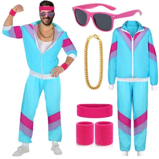 90er 80er Jahre Outfit Herren Kostüm 80er Jahre Trainingsanzug Jacke Hose Anzug 80er Accessoire 80er Jahre Kleidung Frauen Männer Erwachsene Partner Karneval Kostüm Bad Taste Party 80iger (XL)