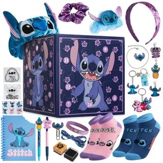 Disney Stitch Adventskalender 2025 Kinder Jugendliche Weihnachtskalender mit 24 Überraschungen Schreibwaren oder Haarschmuck Mädchen Geschenk Idee (Lila Stitch Würfel)