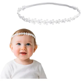 Elastisches Taufstirnband für Baby Mädchen, 42cm Weiß Blumenmotiv Taufstirnband Weiche Spitze Baby Stirnbänder mit Perlen Haarschmuck Geschenk für Neugeborene