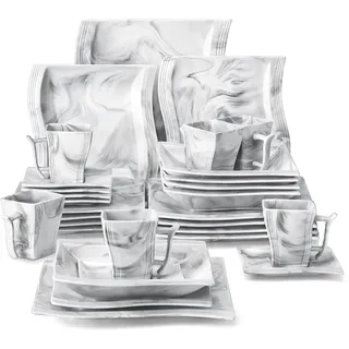 MALACASA FLORA Geschirrset, 30-tlg Marmor Teller Set für 6 Personen, Porzellan Geschirr Set Eckig inkl. 6x Speiseteller, Dessertteller, Suppenteller, Kaffeetassen, Untertassen, Grau