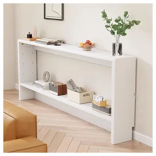 uofgcru Schmaler Sofatisch, Konsolentisch für Hinter Der Couch, Ablageregal Aus Massivholz für Die Sofarückseite, 2-stufiger Akzenttisch für Eingangsbereich, Flur, Wohnzimmer(Weiß - 150x10x69cm)