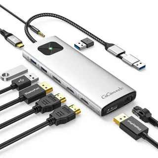 GiGimundo LK10 DisplayLink Docking Station Dual Monitor 4K 60Hz für M1/M2/M3 MacBook Air/Pro, Tragbarer DisplayLink Adapter mit 3xUSB3.2 Port, 2xHDMI, 2xDP, PD100W, Ethernet, Audio, Silber