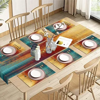 Emvency Tischläufer und Tischsets, 6 Stück, Vintage-Stil, abstrakt, unordentlich, rostfarben, Kunst, Esstisch, Dekoration für den täglichen Gebrauch (1 Tischläufer 182,9 cm lang und 6 Tischsets)