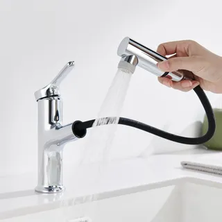 Wasserhahn Bad mit Ausziehbar Brause, DETBOM Armatur, 2 Strahlarten, Chrom | Einhebelmischer Waschbecken, Warm Kalt Mischbatterie Bad, Waschbeckenarmatur für Badezimmer, Waschtischarmatur