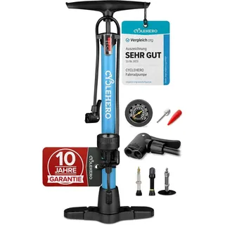 CYCLEHERO Standpumpe Hochdruck-Fahrradpumpe 160 PSI für alle Ventile mit Manometer Blau (Einzelartikel, 1-tlg., Blau), Stahlzylinder, 25 cm Standfuß, 65 cm Schlauch, 10 Jahre Garantie blau