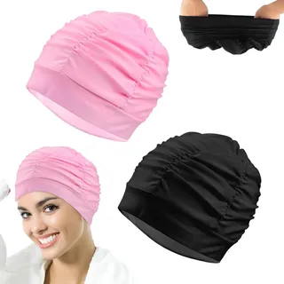CAREDGO 2 Stück Schwimmkappe Damen Badekappe langes Haar Badehaube Elastische Schwimmhaube aus Polyester Bademütze Sommer Badekappen Erwachsene Schwarz und Rosa Schwimmmützen Swimming Cap für Damen