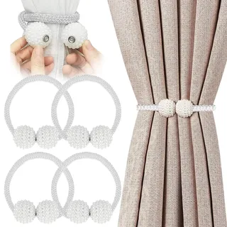 4 Stück Raffhalter für Vorhänge Magnetisch, Gardinen Raffhalter Magnet, Magnetische Vorhang Raffhalter mit Perlen, Vorhanghalter Seil, Duschvorhang Rückhalter, Geeignet für Zuhause, Büro, Hotel(Weiß)