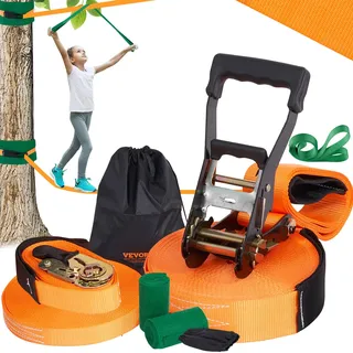 Vevor Slackline Hindernisse Set 2 x 18,3 m Slacklines 2 x 1,5 m Baumschutz, 226,8 kg Tragkraft Ninja Hinderniskurs, Outdoor-Spielset-Ausrüstung, Hinterhofspielzeug-Trainingsausrüstungsset Orange