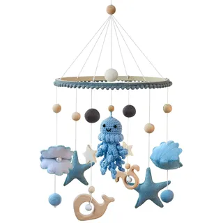 Ueiwffzo Oktopus Baby Mobile Babybett Hölz Windspiel, Oktopus Anhänger zum Häkeln, Meerestiere Bettglocke Baby Mobile Krippe für Bett, Wickeltisch Mobiles Ornament Babyzimmer Decor