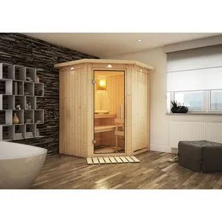 Karibu Sauna Nanja - 68 mm Systemsauna - 230 Volt Plug & Play-Ohne Ofen-Inkl. Dachkranz-Klarglas Ganzglastür