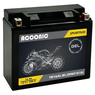Acconic Sportivo GEL YB16AL-BS YB16AL-A2 Motorradbatterie 12V 16Ah 280A DIN 51616 Maße: 205 x 70 x 162,5 mm wartungsfrei, & auslaufsicher