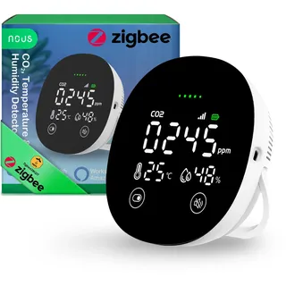 Nous E10 ZigBee CO2 Melder mit Temperatur & Luftfeuchtigkeitssensor, Smart Luftqualitätsmonitor, LED-Anzeige, App-Alarm, Echtzeitüberwachung, Zigbee 3.0, Kompatibel mit Alexa & Tuya