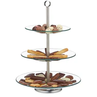 Relaxdays 2 x Runde Etagere, 3 Etagen, rund, Cupcake, Keks, Obst, Muffin, Servierständer, Glas, Edelstahl, Silber/transparent