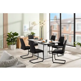 Hela Essgruppe HELA "Ariana, Esstisch mit 6 Stühlen, ausziehbarer Küchentisch", schwarz (weiß, bezug waterfree schwarz, schwarz, schwarz), Einlegeplatte, Bezug Webstoff waterfree, Sitzmöbel-Sets, Essgruppe, Tisch 120-160cm, 6 Stühle mit hoher Belastbarkeit