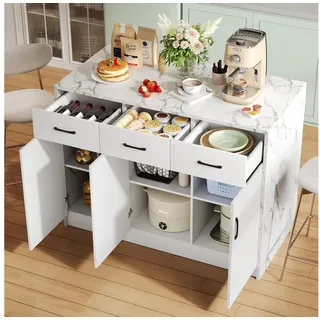 Merax Kücheninsel Marmoroptik Küchenschrank, (120 x 60 x 90,5 cm), Buffetschrank Inselküche mit 3 Schubladen und 3 Türen weiß