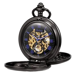 TREEWETO Unisex Taschenuhr mit Kette Analog Handaufzug Doppelscharnier Adler Skelett Römische Ziffern Schwarz