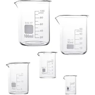 LATRAT 5stk Abgestufter Messbecher Glas Becherglas, Becherglas Borosilikatglas Bechergläser für Labor Laborglas Hitzebeständig Labor Messbecher Glas, 5ml 10ml 25ml 50ml 100ml Set