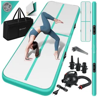 KESSER Turnmatte Airtrack aufblasbar mit elektrischer Luftpumpe, Drop-Stitch, mit Tragetasche & Flickset grün 100 cm x 400 cm x 10 cm