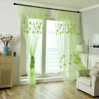 Tonsee Transparent Voile Gardinen Mode Blumen Gedruckt Durchsichtig Vorhänge mit Ösen für Wohnzimmer Schals Schlafzimmer Vorhänge Kinderzimmer Dekoschals Für Große Fenster 1 PCS,200cm x 100cm (Grün)