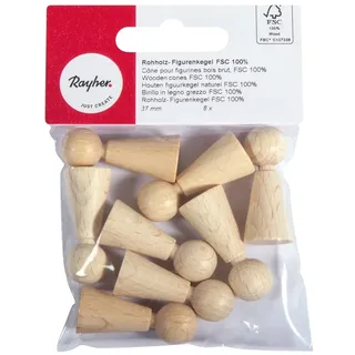 Rayher Figurenkegel Rohholz, FSC zertifiziert, Btl. 8 Stück, 37 mm, Holzkegel, Holzfiguren zum Bemalen, Krippenfiguren mini Holz, Spielfiguren Holz, 6246900