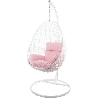 Kideo® Komplettset: Hängesessel mit Gestell & Kissen, Indoor & Outdoor, Poly-Rattan, Lounge (Gestell- und Korbfarbe: weiß, Kissen: rosa Nest (3002_Lemonade))