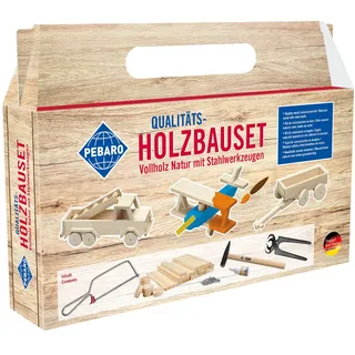 Pebaro 465 Holzbauset im Tragegriff-Karton, 25 Teile, praktische Kofferverpackung, für kreative Baumeister, inkl. Vollholz Naturstäben und Werkzeug, Basteln, Geschenkidee für Kinder