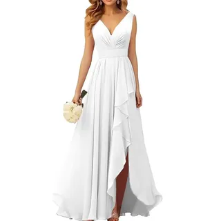 WSEYU V-Ausschnitt Chiffon Brautjungfer Kleider für Hochzeit Lange Formale Abendkleid mit Rüschen Schlitz, weiß, 50 - 50