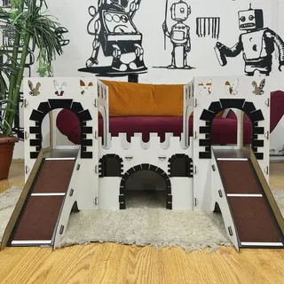 Modernes Kaninchenschloss mit Terrasse & Holzbrücke – 2-stöckiges großes Hasenhaus aus Sperrholz – Handgefertigte Kaninchenburg für bis zu 4 Kaninchen (weiß-Schwarz, N)