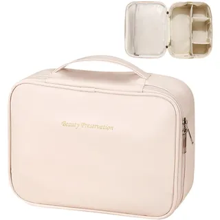 Make Up Organizer, Kosmetikkoffer Damen, Kulturbeutel Groß, wasserdichte Make Up Bag, Kosmetik Reisetasche für Reise und Täglichen Gebrauch, Milchbeige