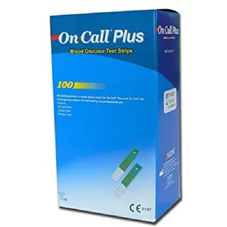 Blutzuckerstreifen, die die Glucosekonzentration im Vollblut messen und mit den On Call Plus II und On Call Plus Blutzuckermessgeräten funktionieren - Packung von 100 Streifen.