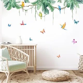 Tanlaby Tropische Blätter Wandtattoo Grüne Pflanzen Wandsticker Pflanzen Vögel Wandsticker Abnehmbar Selbstklebend Wandaufkleber für Wohnzimmer Schlafzimmer TV Hintergrund Dekoration